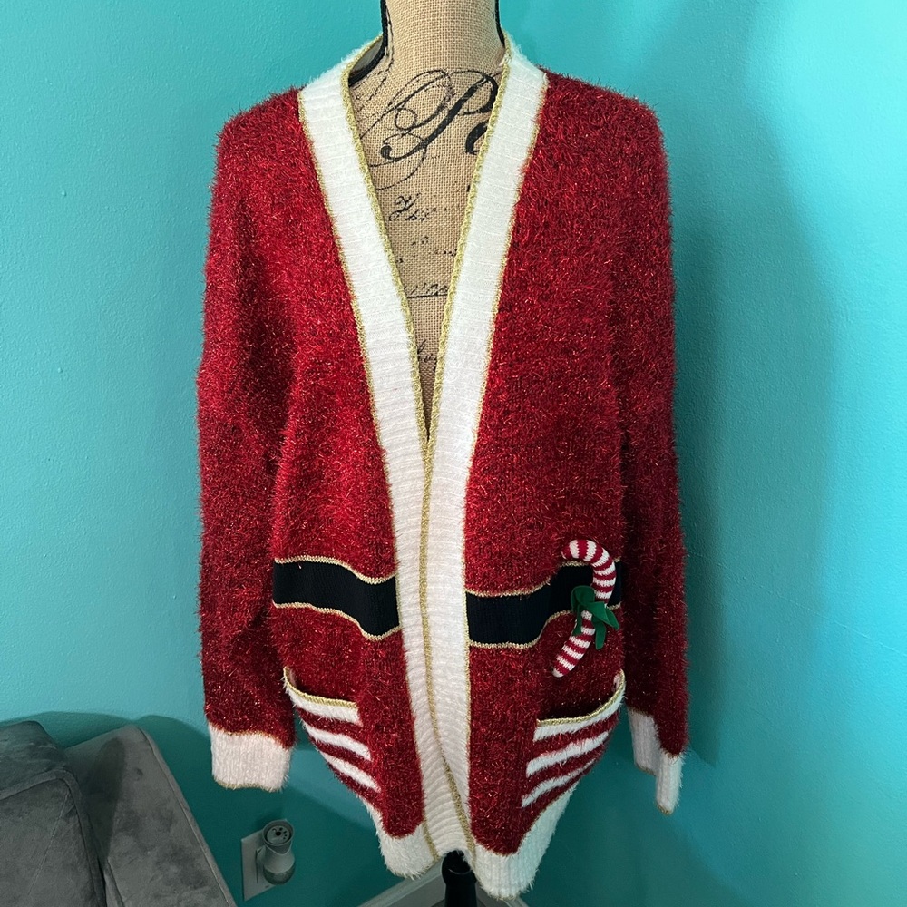 #913 EUC Celebrate Together Santa Long Sleeve Open Front Cardigan Sweater